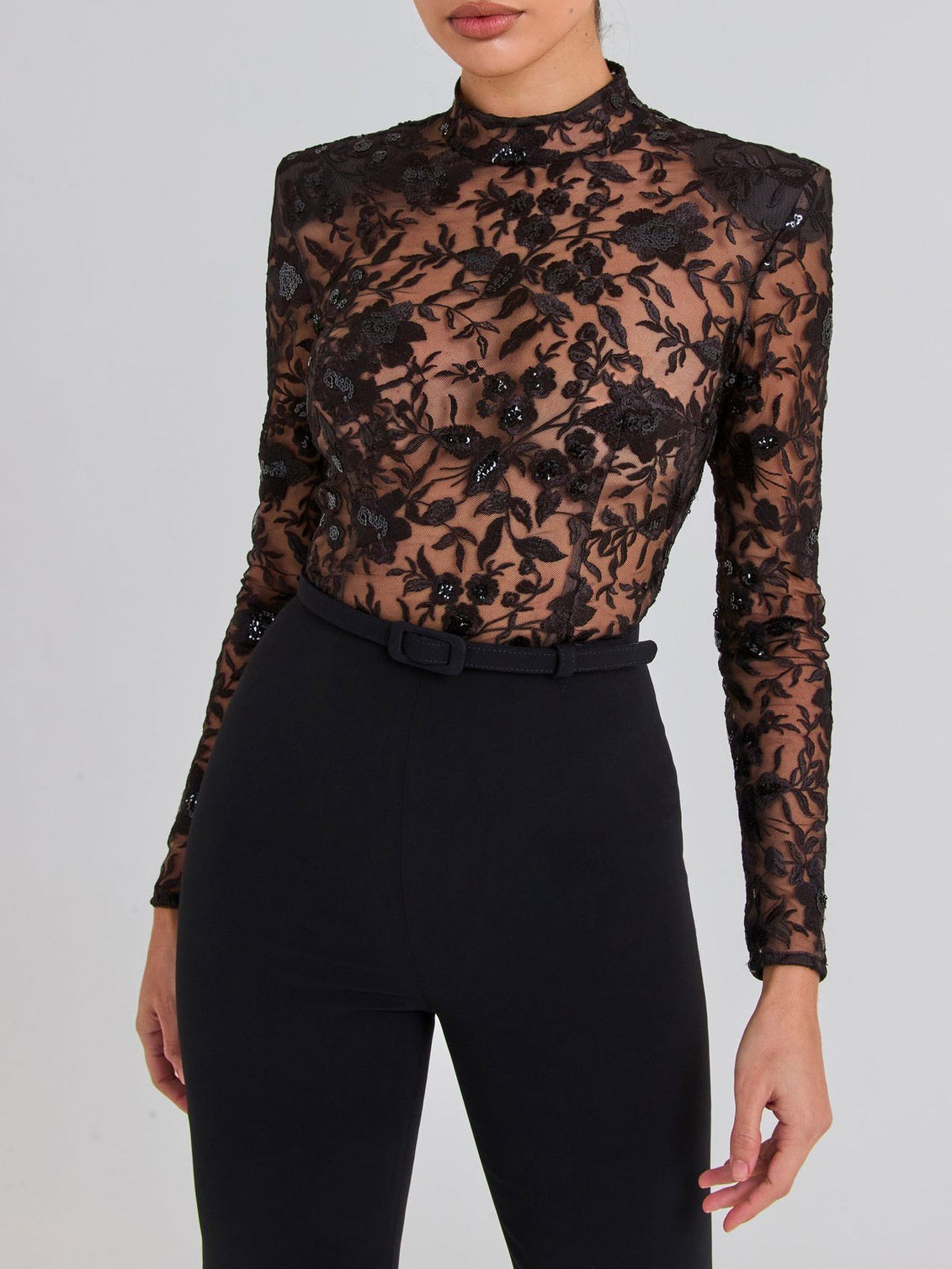 Black See-through Lace Long-sleeved Trousers Jumpsuit - MRG Official Store