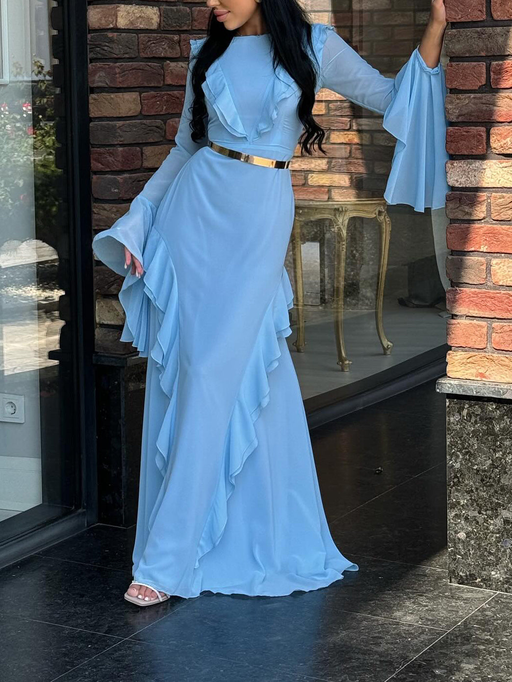 Round Neck Ruffled Long Sleeve Maxi Dress - MRG Official Store