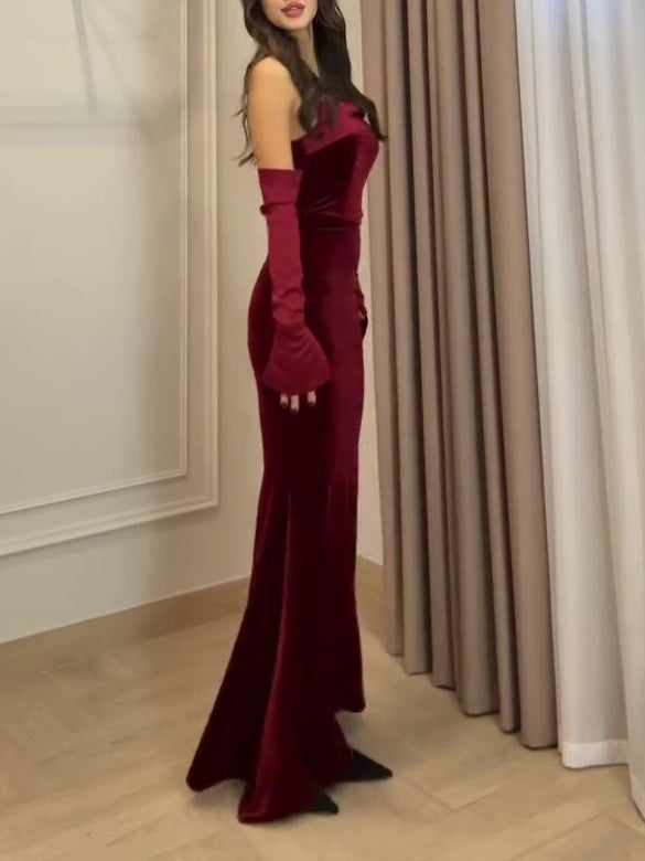 Burgundy Velvet Strapless Maxi Dress - MRG Official Store