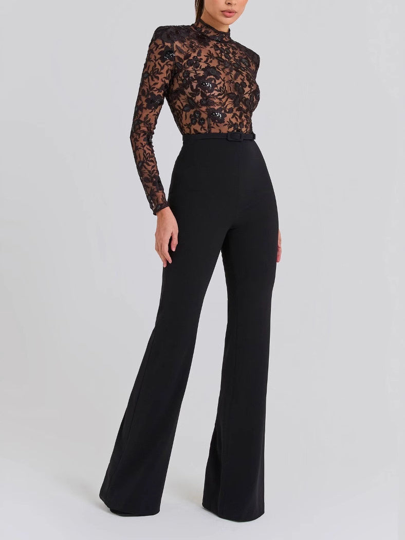 Black See-through Lace Long-sleeved Trousers Jumpsuit - MRG Official Store