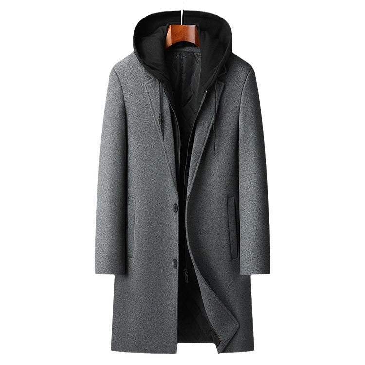 Men's Detachable Hooded Urban Mid-length Woolen Coat