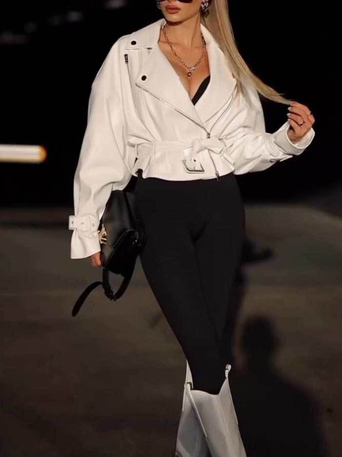 Solid Color Leather Cropped Jacket - MRG Official Store