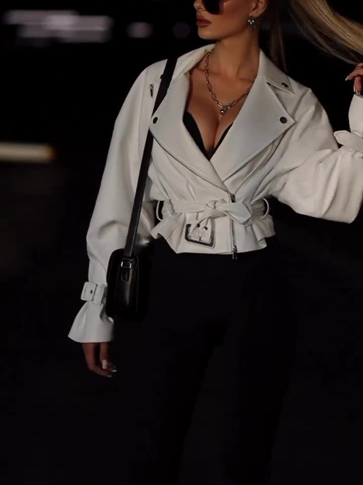 Solid Color Leather Cropped Jacket - MRG Official Store