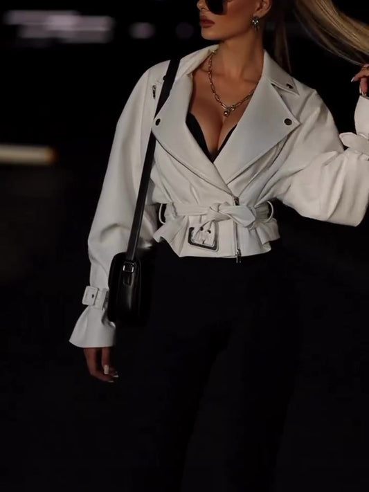 Solid Color Leather Cropped Jacket - MRG Official Store