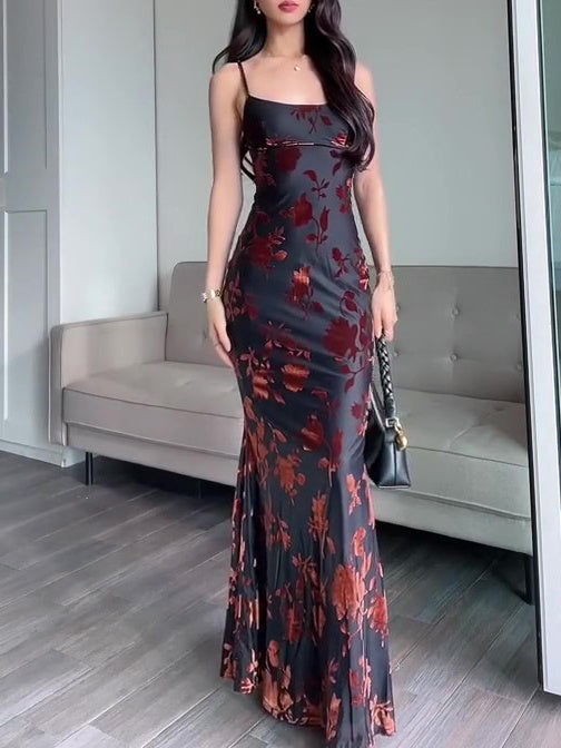 Flocked Strappy Maxi Dress - MRG Official Store