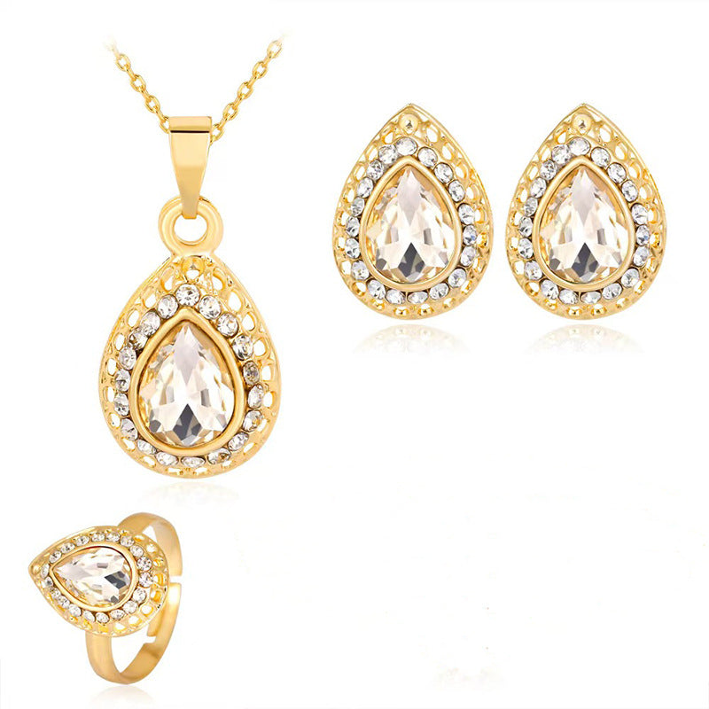 Exquisite Alloy Multi-Color Waterdrop Necklace And Earrings Jewelry Three-Piece Set
