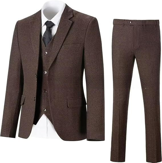Men's Herringbone Pattern Slim Three Pieces Work Suit - MRG Official Store