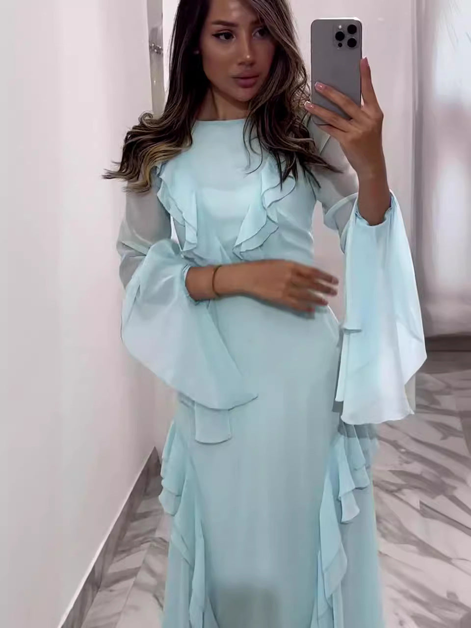Round Neck Ruffled Long Sleeve Maxi Dress - MRG Official Store