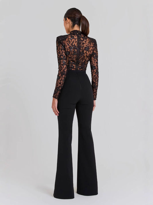 Black See-through Lace Long-sleeved Trousers Jumpsuit - MRG Official Store