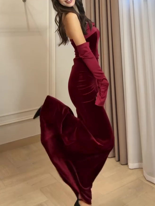 Burgundy Velvet Strapless Maxi Dress - MRG Official Store