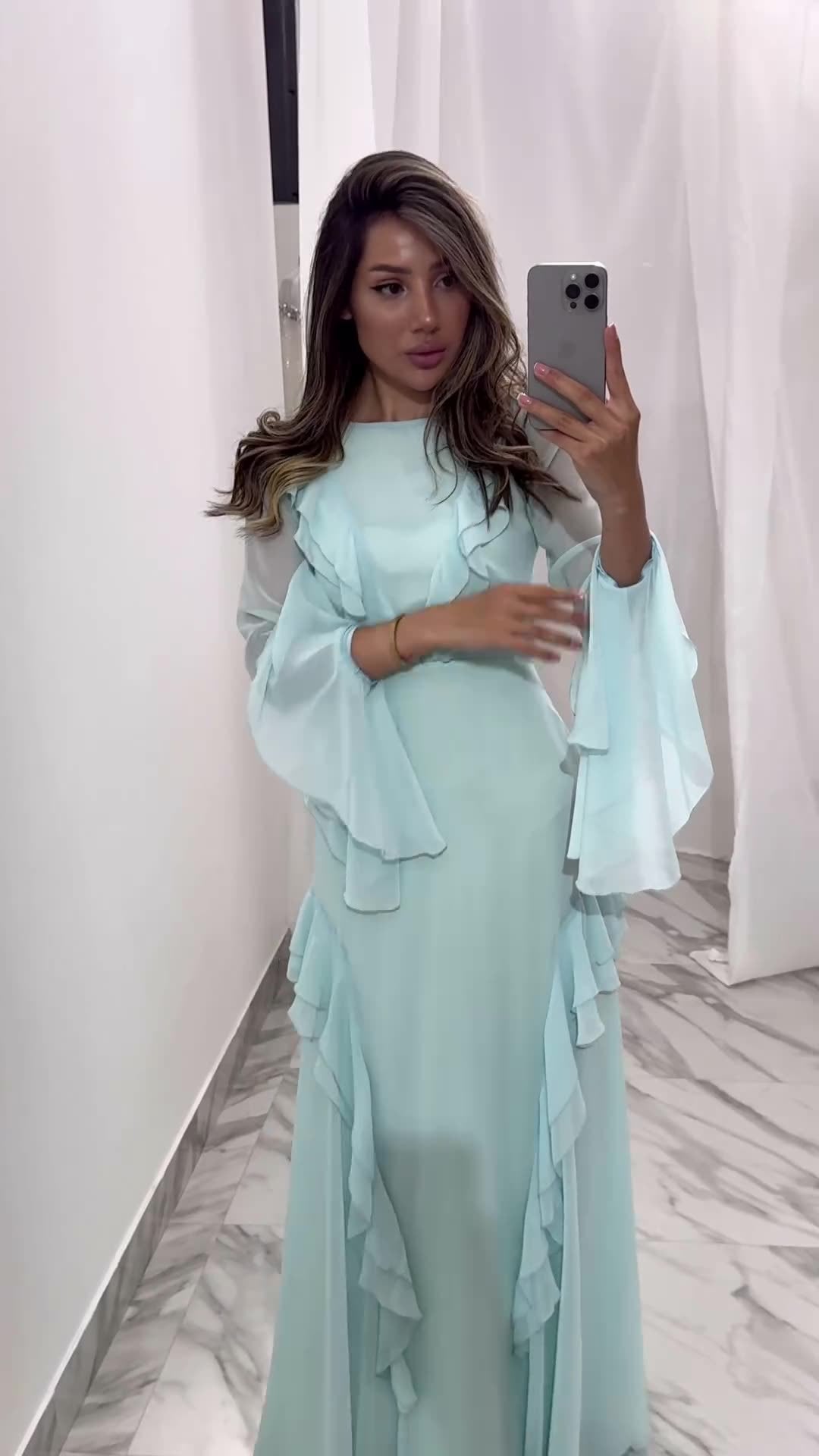 Round Neck Ruffled Long Sleeve Maxi Dress - MRG Official Store