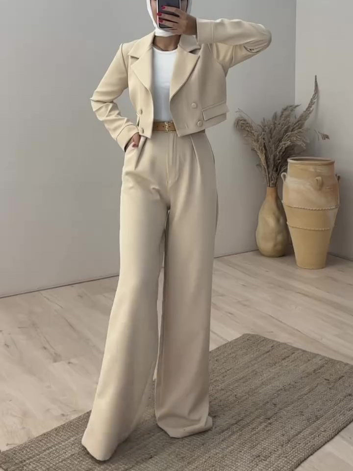 Solid Color Short Blazer & High Waist Pants Set - MRG Official Store