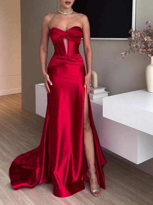 Tube Top Slit Red Extra Long Evening Dress - MRG Official Store