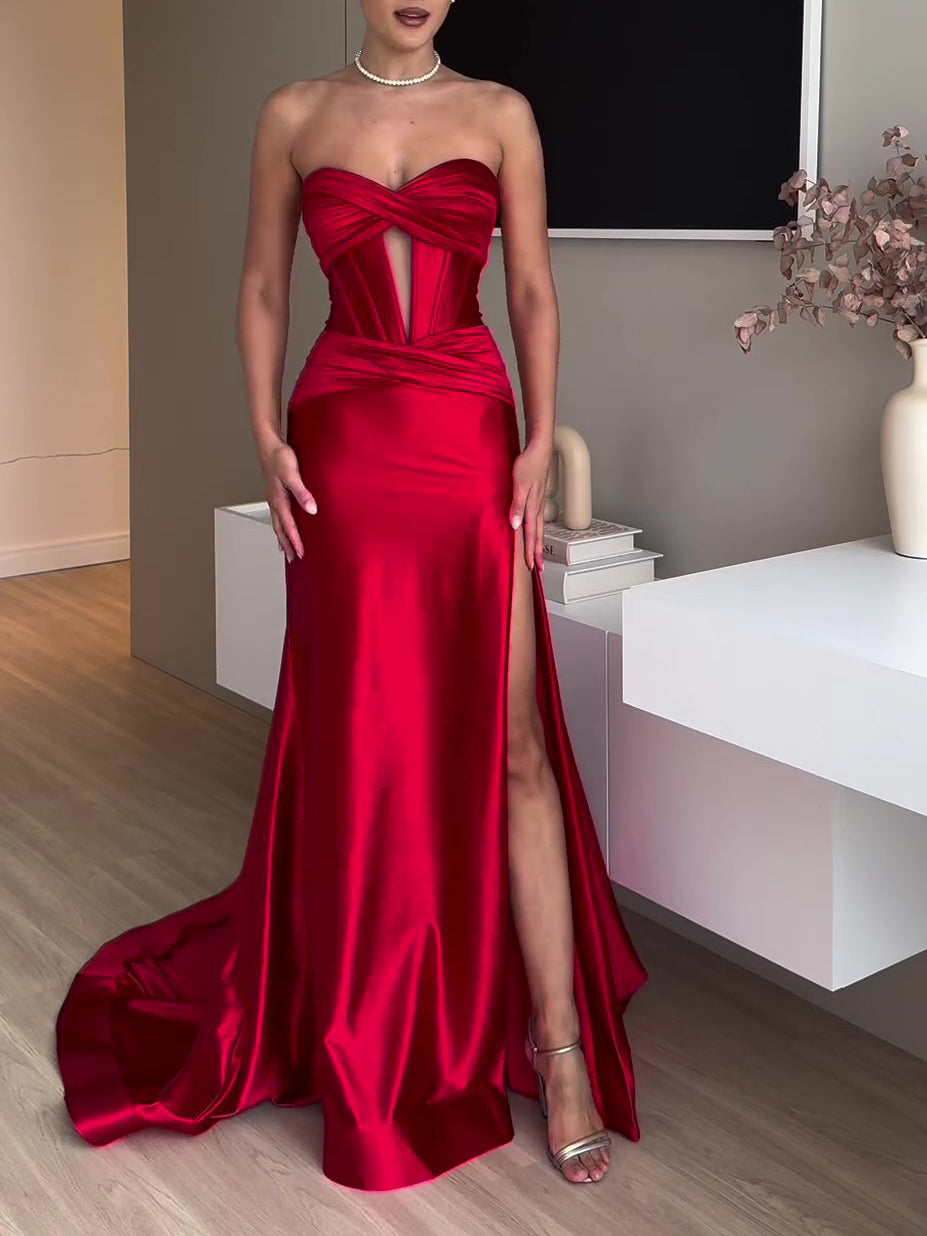 Tube Top Slit Red Extra Long Evening Dress - MRG Official Store
