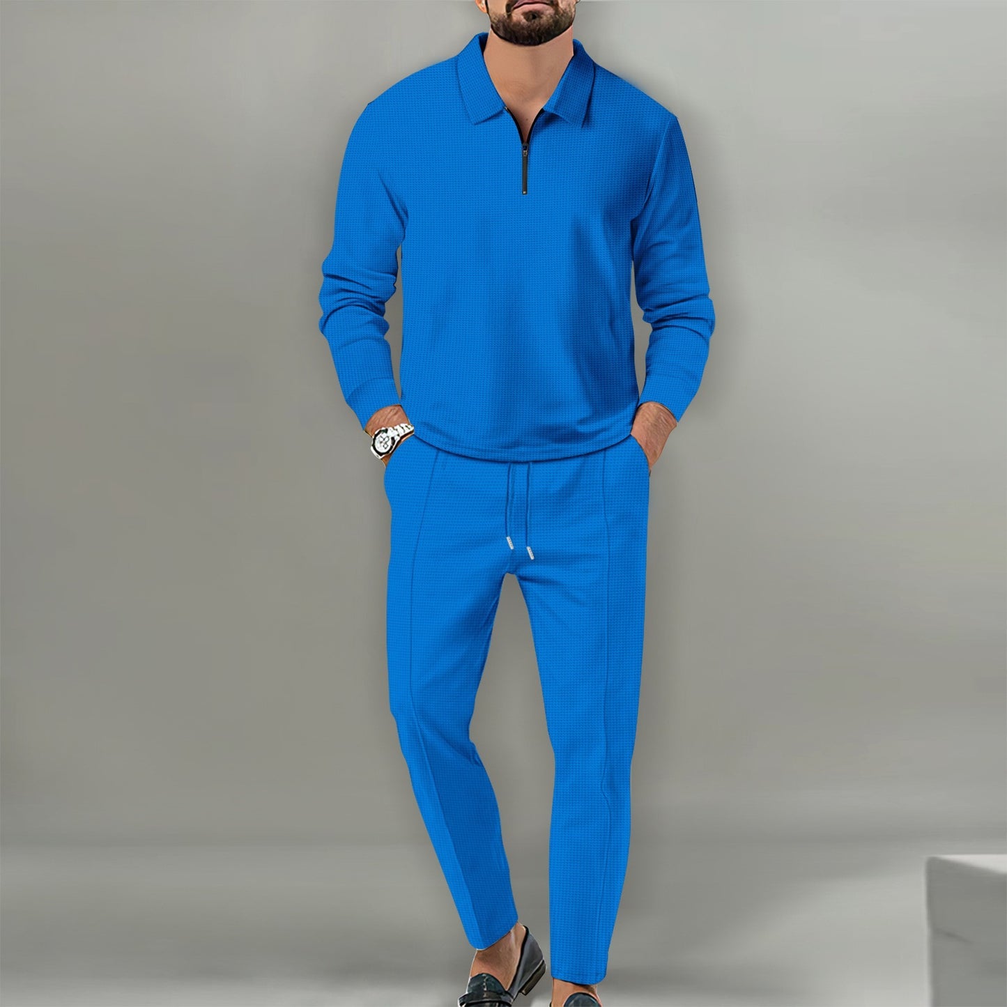 Waffle Solid Color Zipper Long Sleeve Trousers Suit Men - MRG Official Store