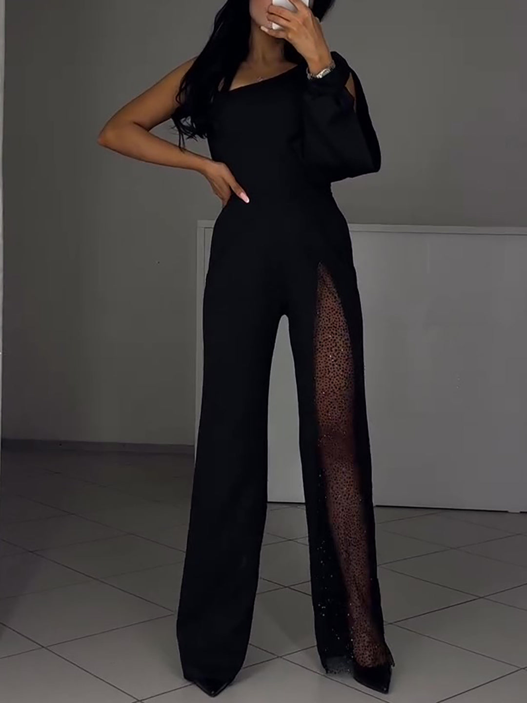 Single Sleeve Patchwork Mesh Jumpsuit - MRG Official Store
