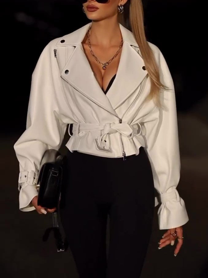 Solid Color Leather Cropped Jacket - MRG Official Store