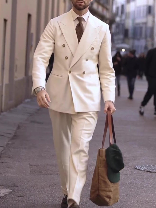 Cream Double-Breasted Men's Suit - MRG Official Store