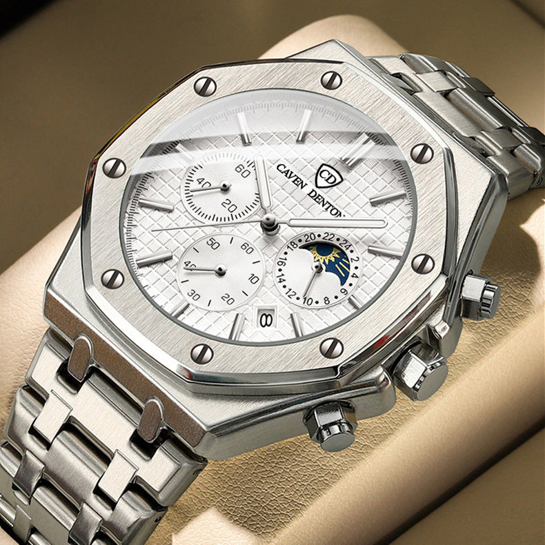 Waterproof High-grade Three Eyes And Six Needles Multi-functional Moon Phase Men's Steel Strap Watch