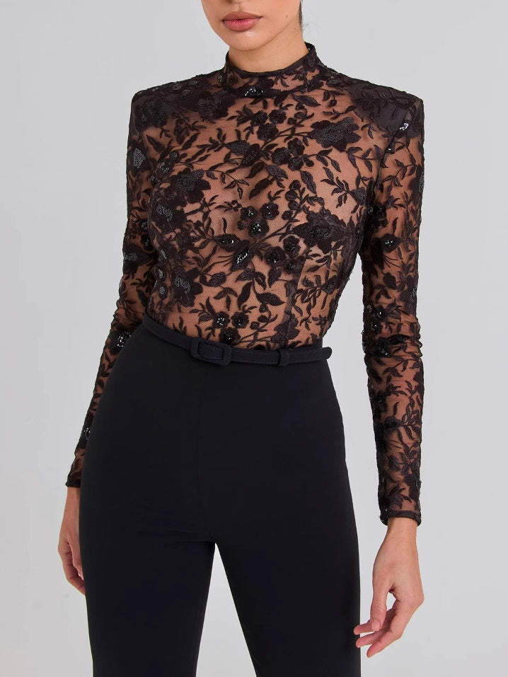 Black See-through Lace Long-sleeved Trousers Jumpsuit - MRG Official Store