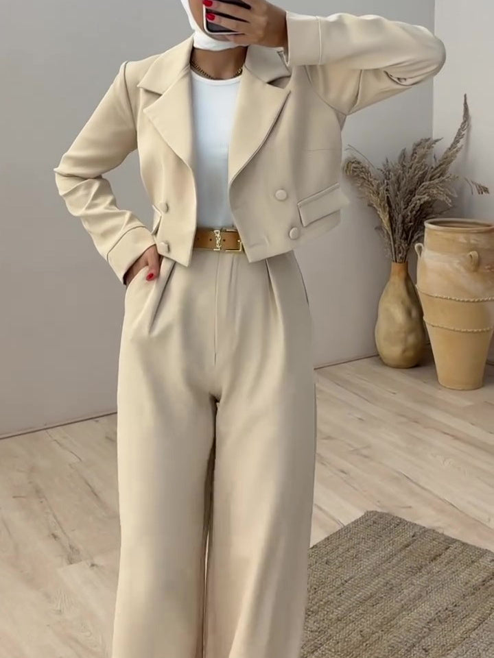 Solid Color Short Blazer & High Waist Pants Set - MRG Official Store