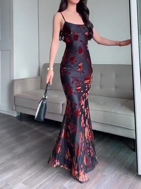 Flocked Strappy Maxi Dress - MRG Official Store