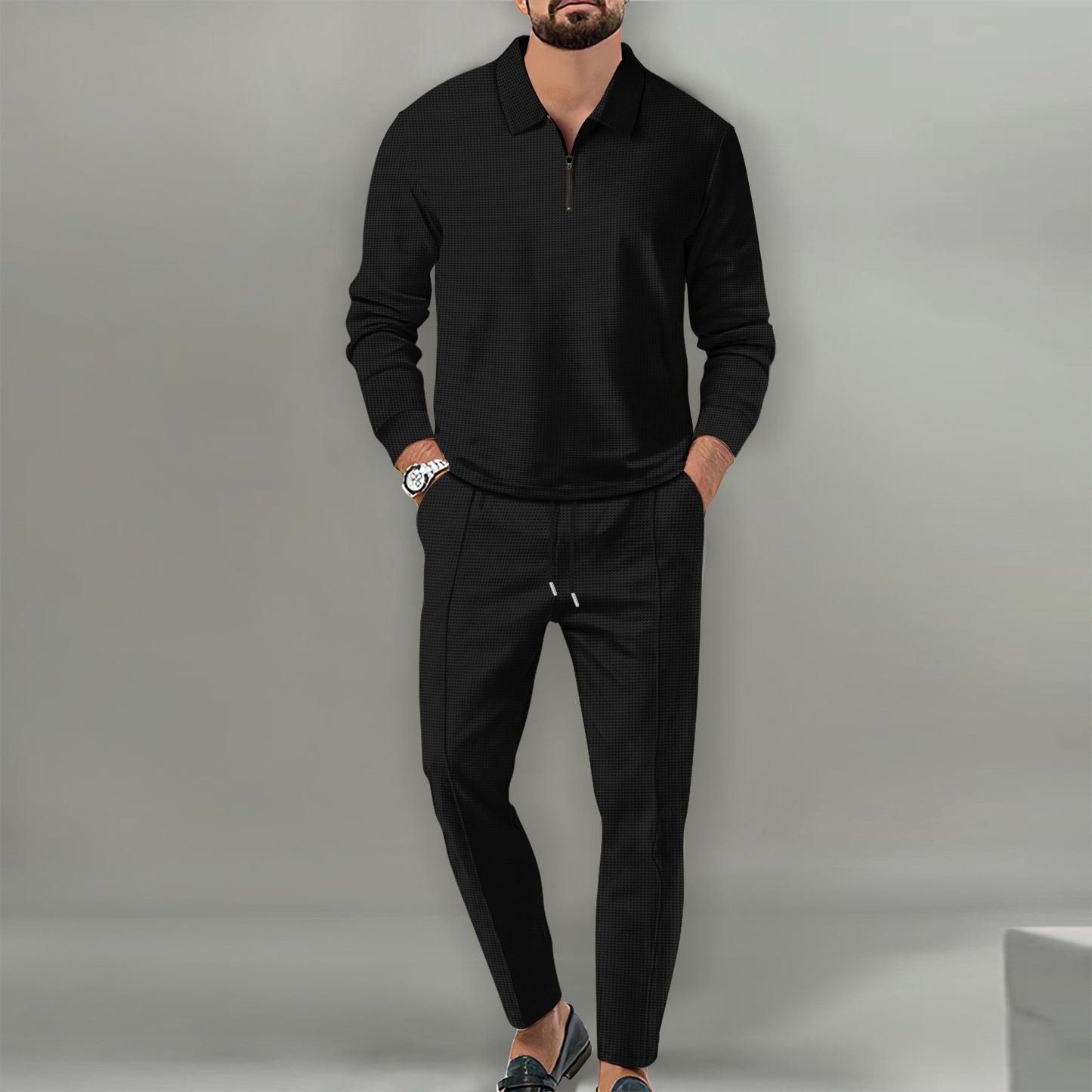 Waffle Solid Color Zipper Long Sleeve Trousers Suit Men - MRG Official Store