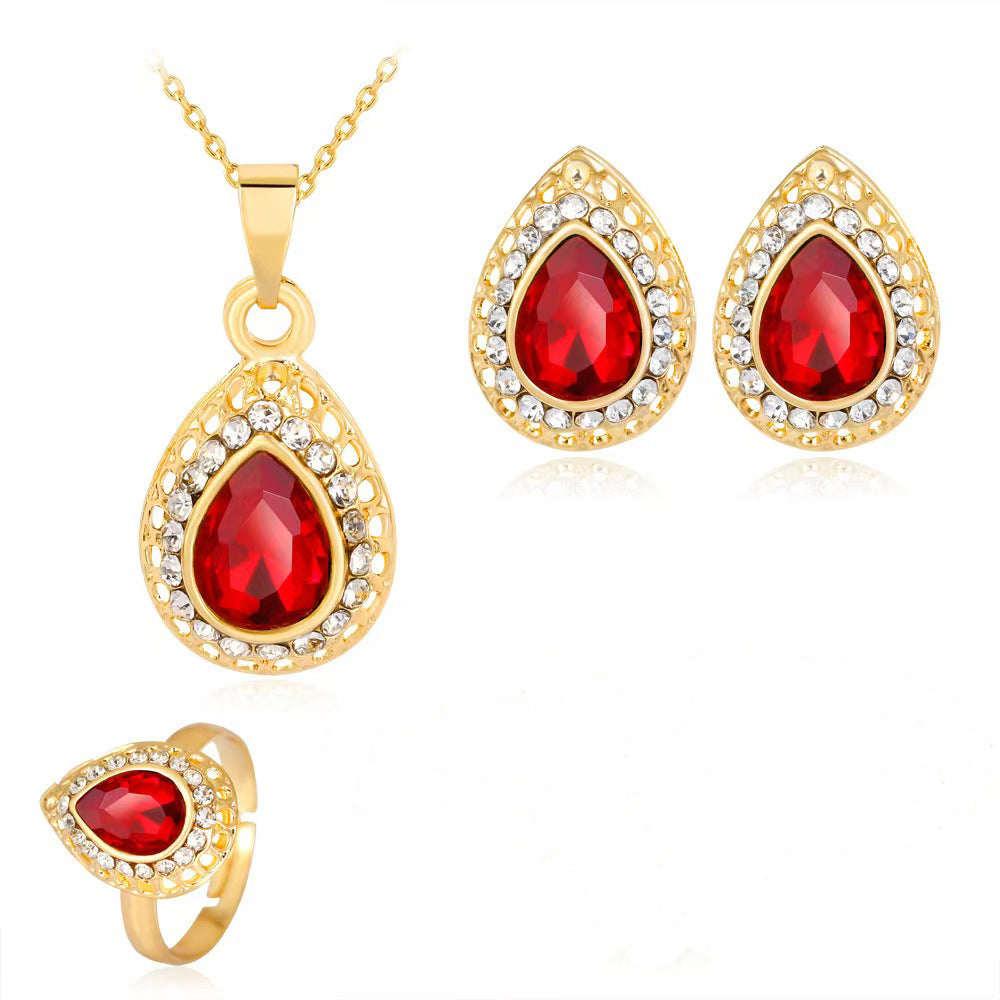 Exquisite Alloy Multi-Color Waterdrop Necklace And Earrings Jewelry Three-Piece Set