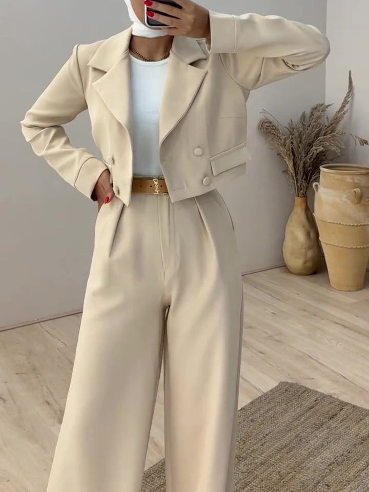 Solid Color Short Blazer & High Waist Pants Set - MRG Official Store