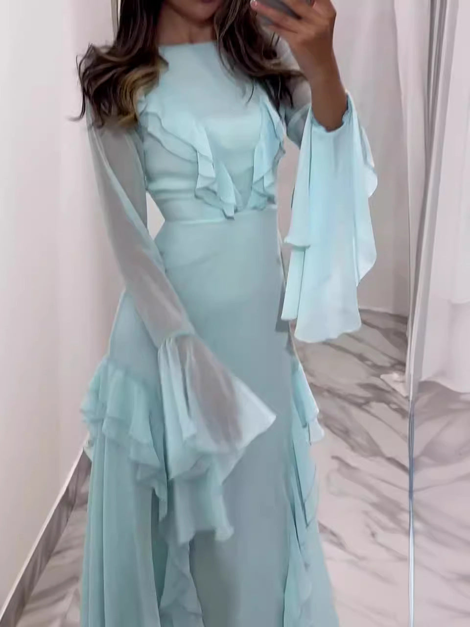 Round Neck Ruffled Long Sleeve Maxi Dress - MRG Official Store